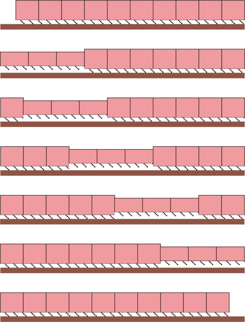 Diagram showing a series of squares representing segments of an earthworm’s body, some smaller and some larger, to represent the pattern of movement.