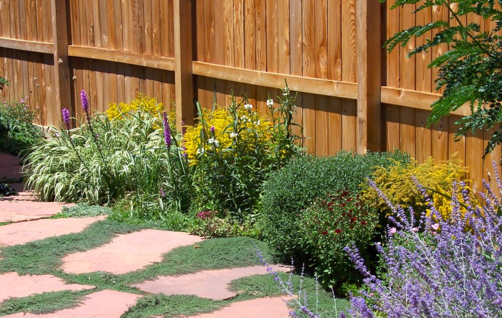 A bed of perennial plants in front of a wood fence, with a flagstone pathway bordering the front.