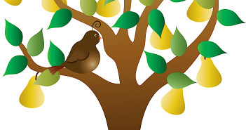 Color illustration of a stylized tree with yellow pears and green leaves and a brown partridge perched on a limb.