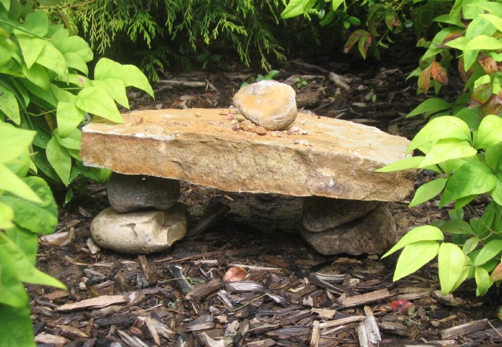 A large, flat yellow-sh colored stone is laying across two small stones under it, forming a roof for toads to lie under.