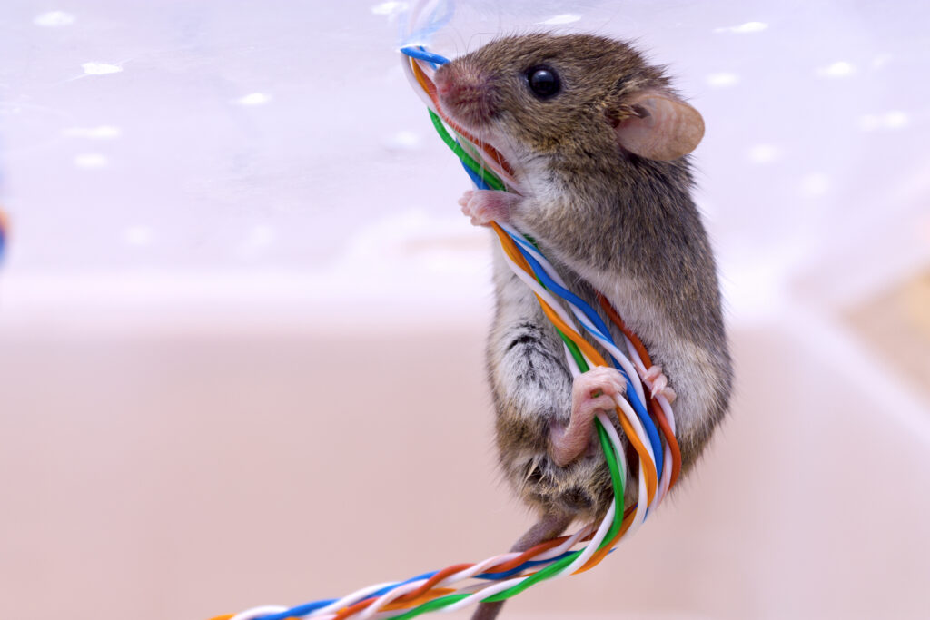 A House Mouse clinging to a colorful cable.