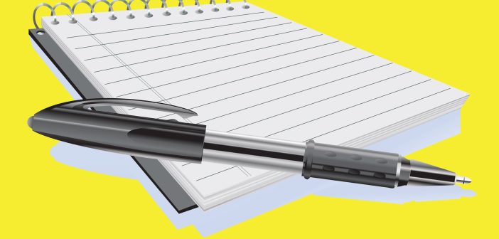 Illustration of a white notepad with a black ballpoint pen laying across part of it.