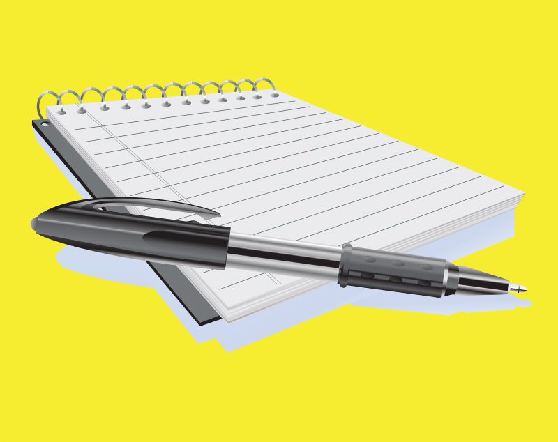 Illustration of a white notepad with a black ballpoint pen laying across part of it.
